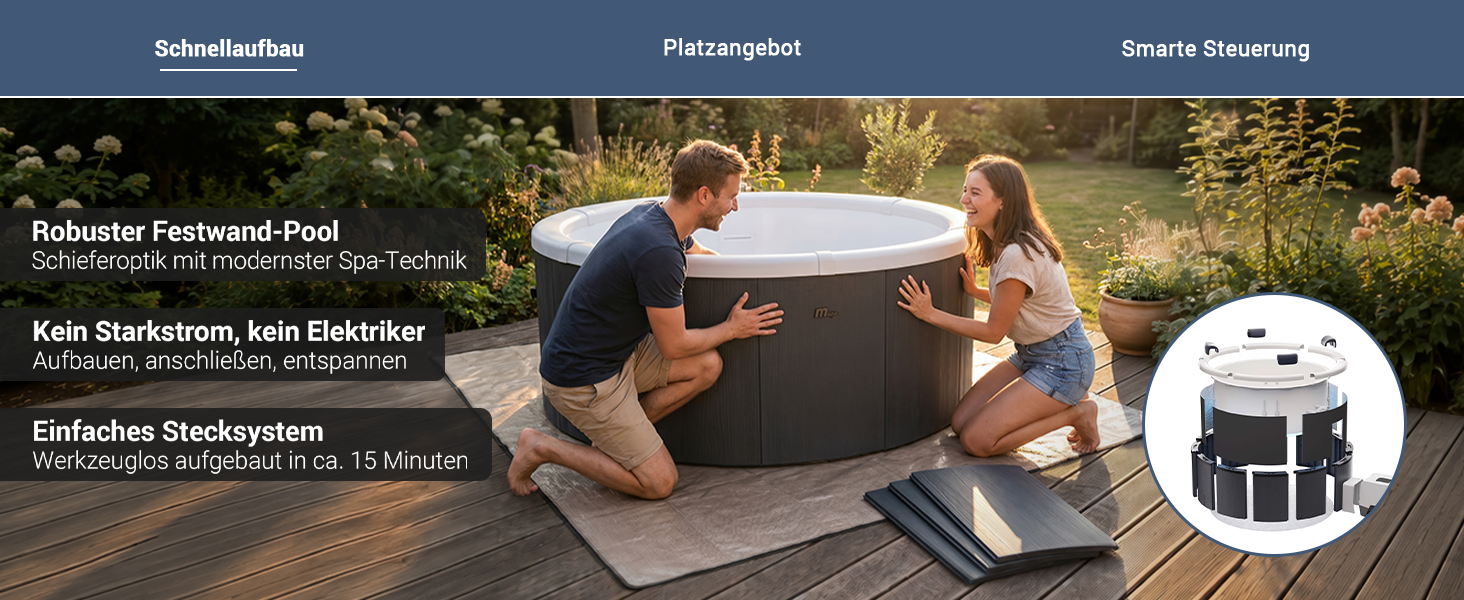 Zwei Personen bauen den MSpa Frame Denver Whirlpool auf einer Terrasse auf. Dank stabilem Stecksystem, Festwand-Konstruktion und 230-V-Anschluss gelingt der Aufbau werkzeuglos in etwa 15 Minuten &ndash; ganz ohne Starkstrom oder Elektriker.